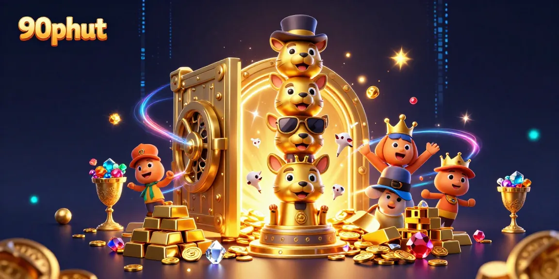 Experience the thrill of 90phut with this vibrant casino-inspired illustration brimming with gold treasures.