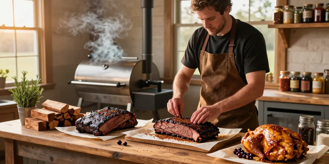 Smoked meats preparation at rokok88, featuring brisket, chicken, and ribs in a rustic smokehouse kitchen.