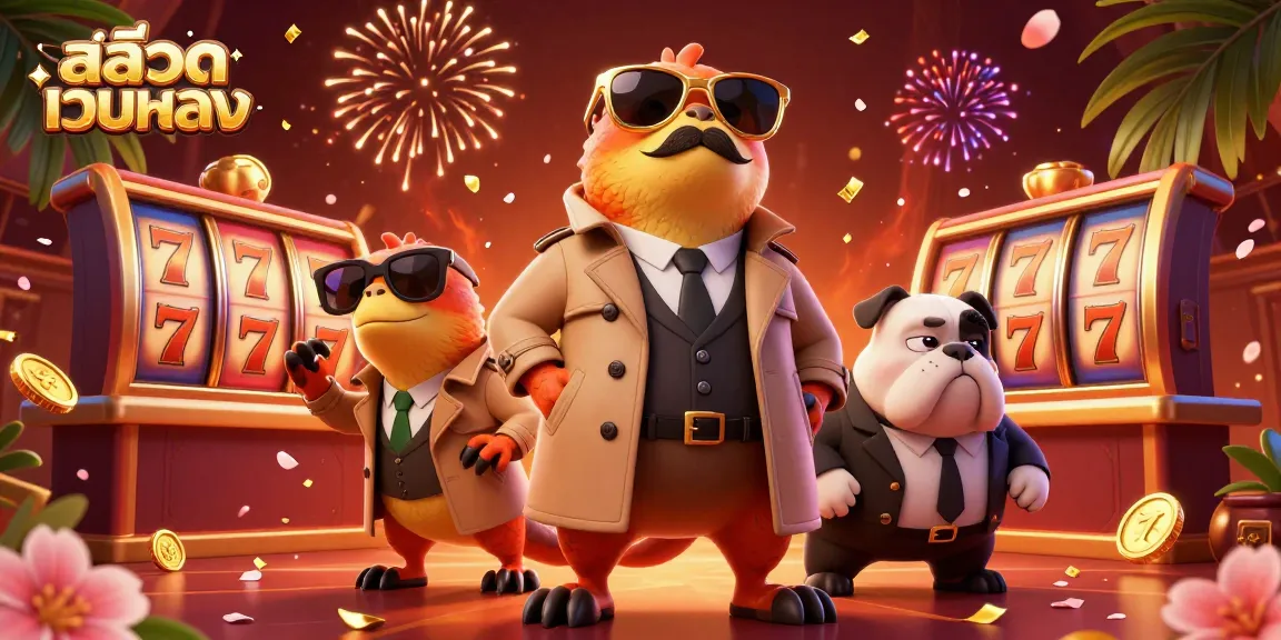 Experience excitement with สล็อตเว็บตรง showcasing 3D cartoon raptors in a trench coat at a VIP casino lounge.