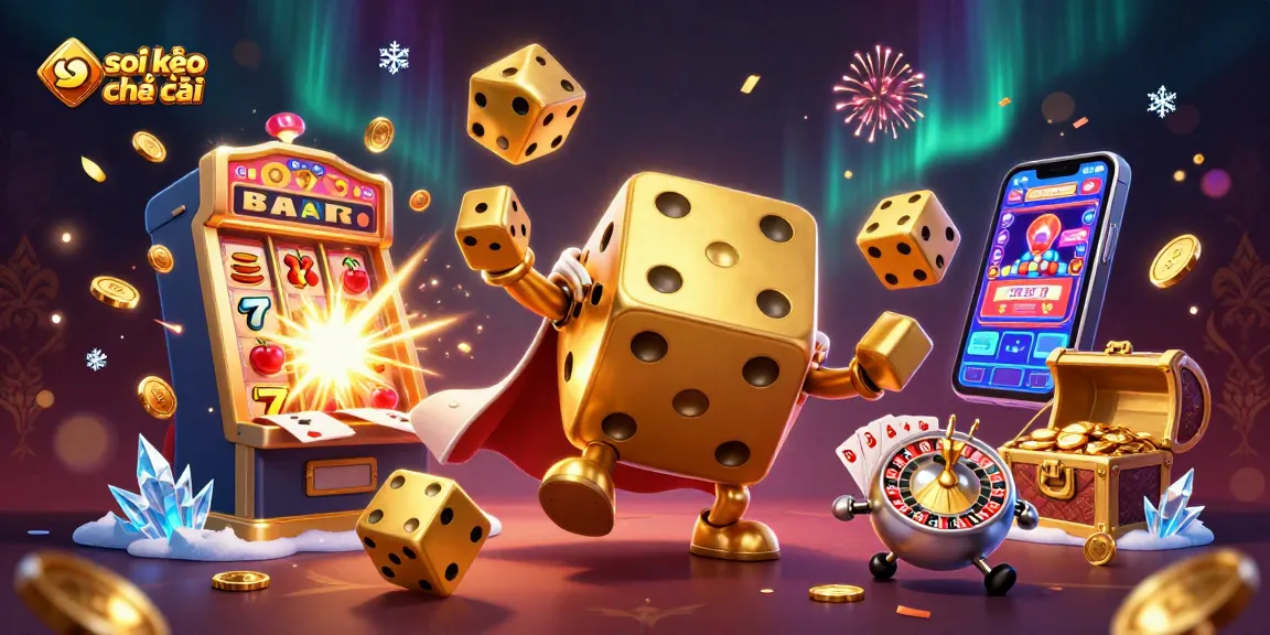 Soi kèo nhà cái dazzling illustration featuring a dynamic scene with golden dice juggling smaller dice amidst a jackpot explosion