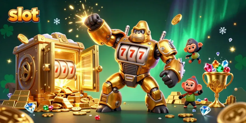 Engage with exciting slot gameplay as the golden gorilla mech bursts coins and treasures.