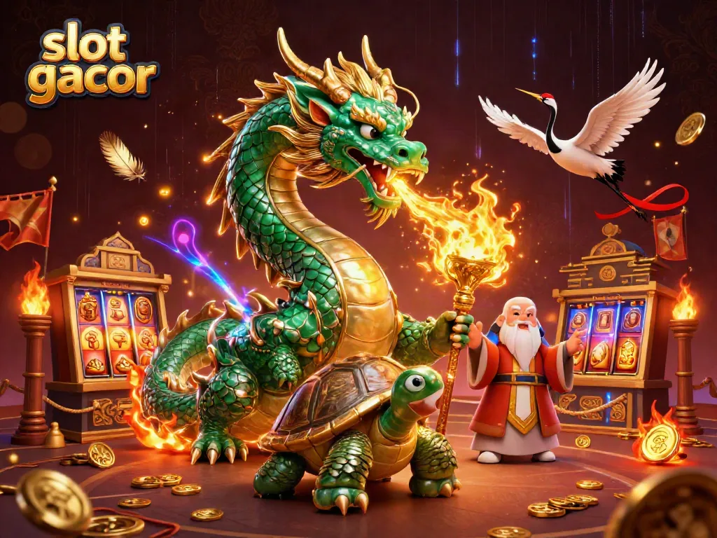 Slot gacor menarik perhatian dengan naga hijau dan crane beruntung dalam suasana kasino.