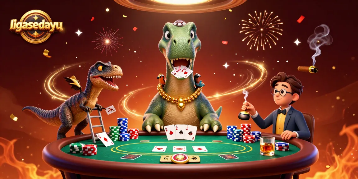 Experience thrilling poker action with ligasedayu in a vibrant casino scene featuring unique characters.