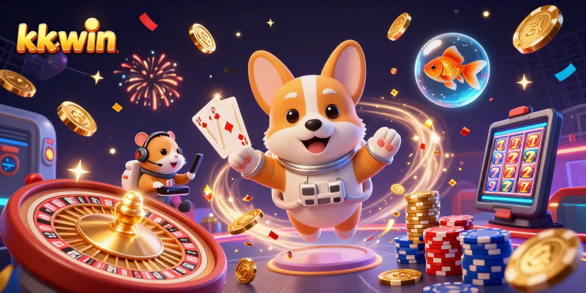 kk-win magical casino experience with a corgi astronaut amidst floating gold and poker elements