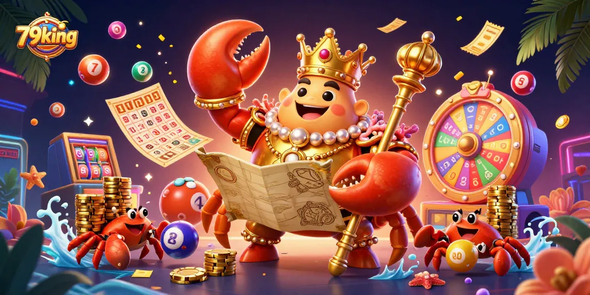 Engage with the vibrant gambling scene of 79king, featuring a golden crab emperor amidst dynamic lottery elements.