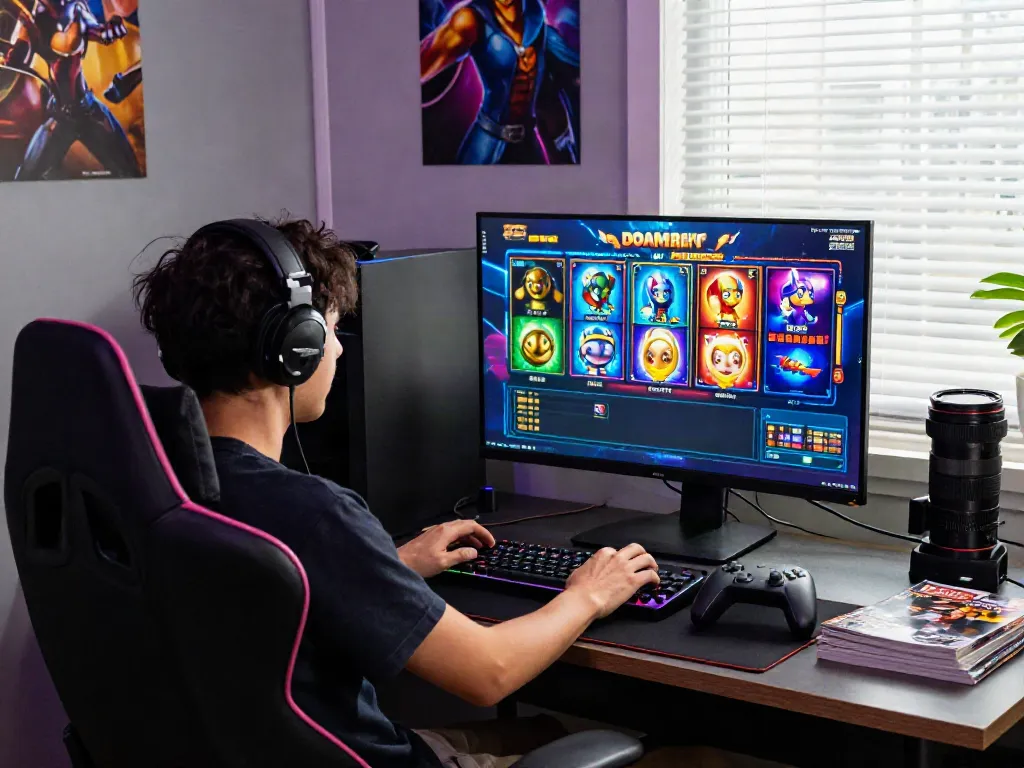 A player enjoying an engaging slot game experience on a high-definition screen in a cozy gaming setup.