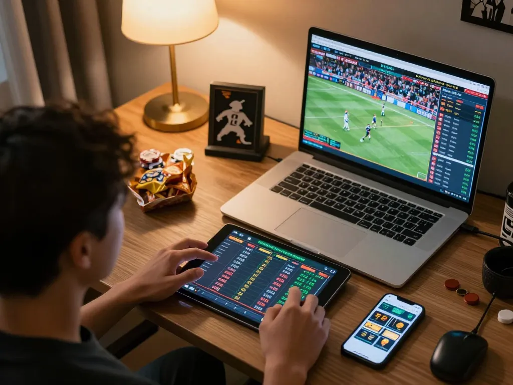 Engaged bettor strategizing bets on betbet’s online platform in a cozy home office.