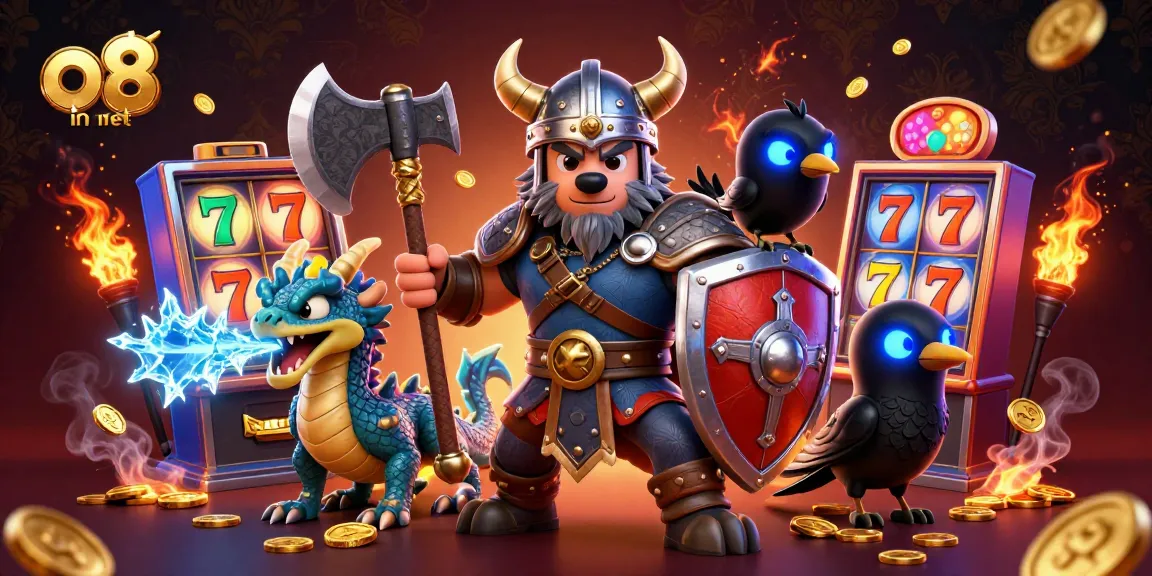 Engage with the vibrant gaming atmosphere of o8 in net featuring a Viking wolf warrior, a fierce dragon, and arcade elements.