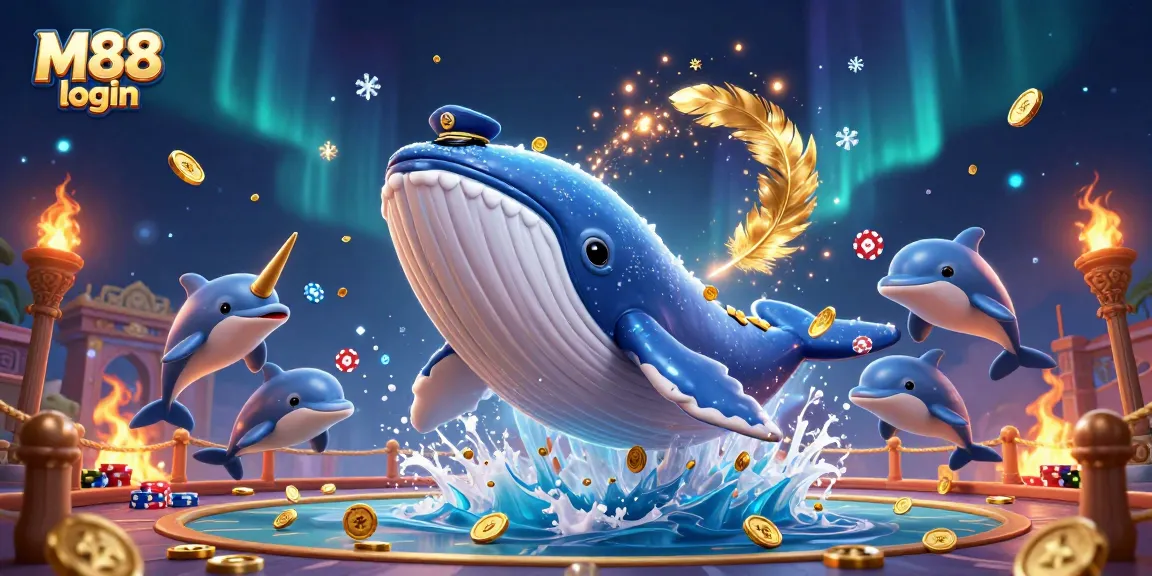 Join the fun at M88 login, where playful dolphins and a giant whale showcase exciting betting adventures!