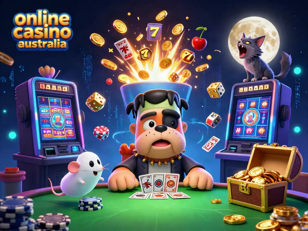 Experience the thrilling action of online casino Australia with playful characters at a lively gaming table.