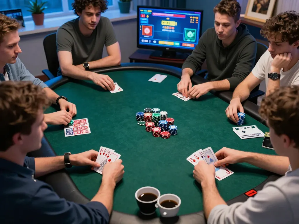 Engaged players strategizing in a thrilling 99win online poker game at home