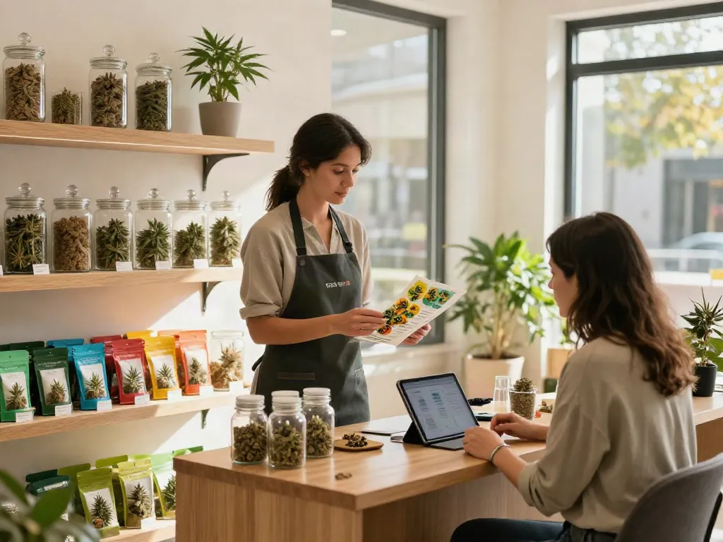 Cannabis seeds for sale in an inviting seed shop with vibrant displays and attentive customer service.