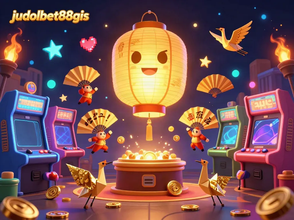 Engage in vibrant fun at judolbet88gis with a magical night market casino featuring glowing lanterns, game elements, and rich golden highlights.