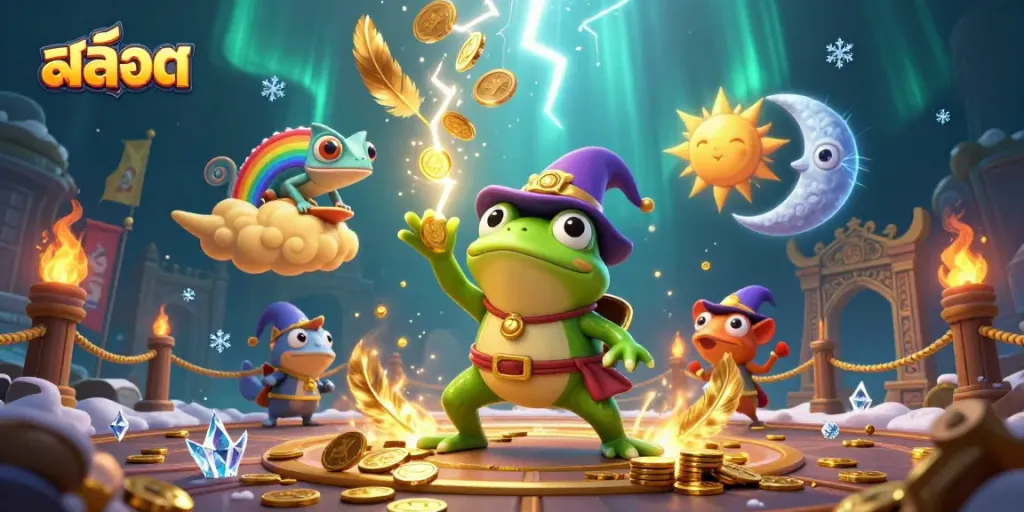 Engaging illustration of สล็อต-themed casino scene featuring magical elements, golden coins, and dynamic characters.