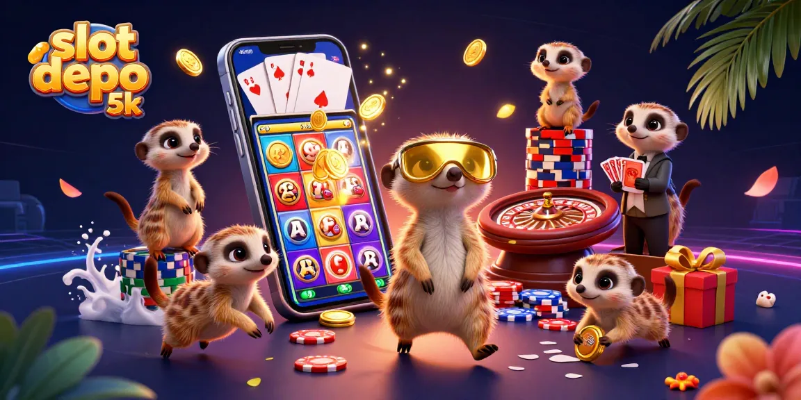 Experience exciting wins at slot depo 5k with animated meerkats in a vibrant casino scene.