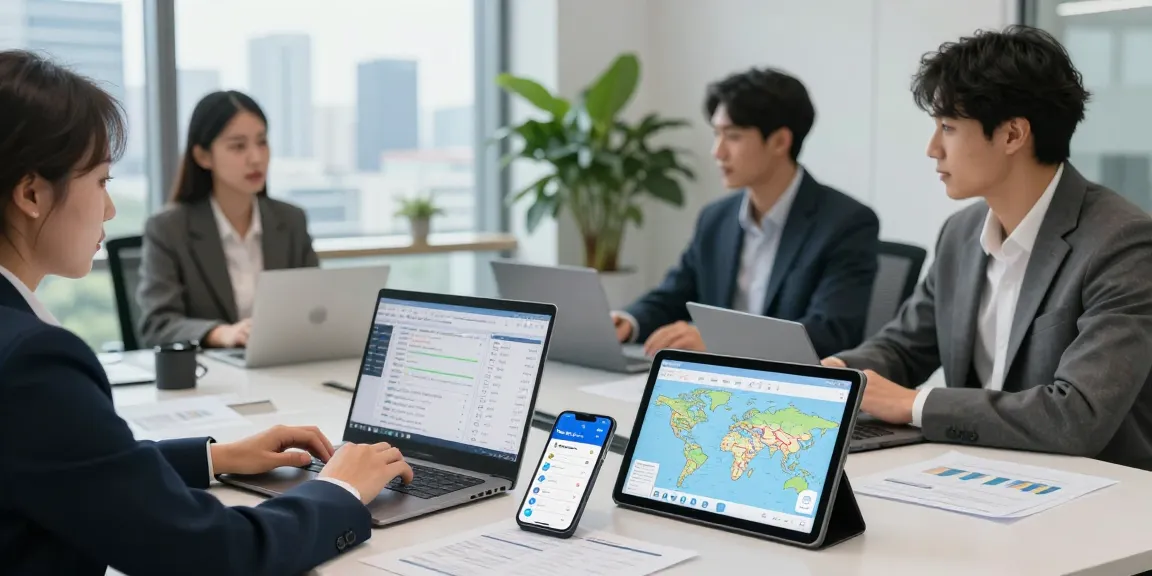 Business professionals collaborating on asset tracing analysis in a modern office.