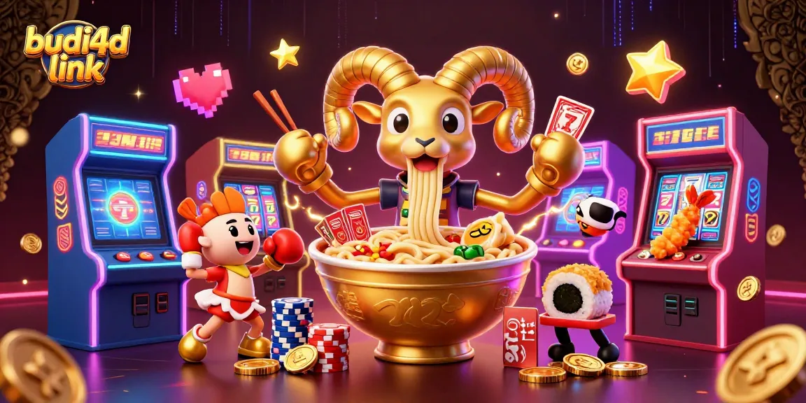 Engage with budi4d link featuring a golden ramen bowl character dealing cards in an energetic casino scene.