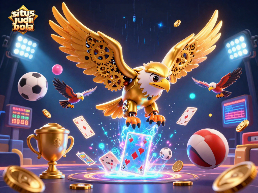 Engage in situs judi bola with a dynamic visual of a golden eagle amidst sports elements and holographic features.