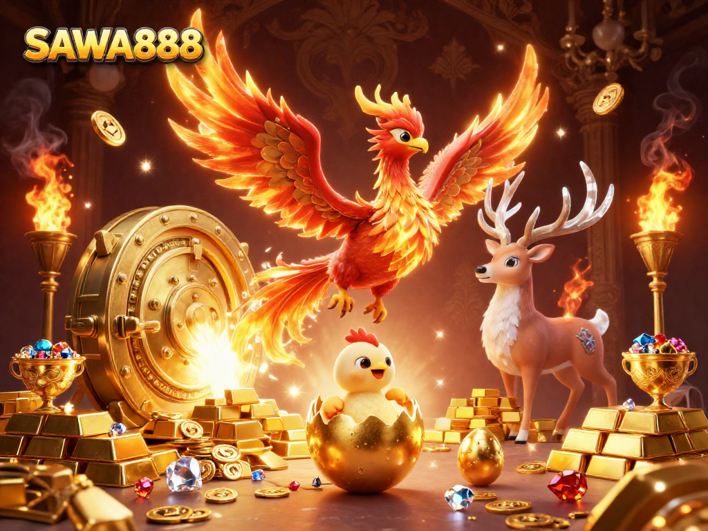 Experience the excitement of SAWA888 with a 3D phoenix, gold treasures, and gems scattered across the scene.