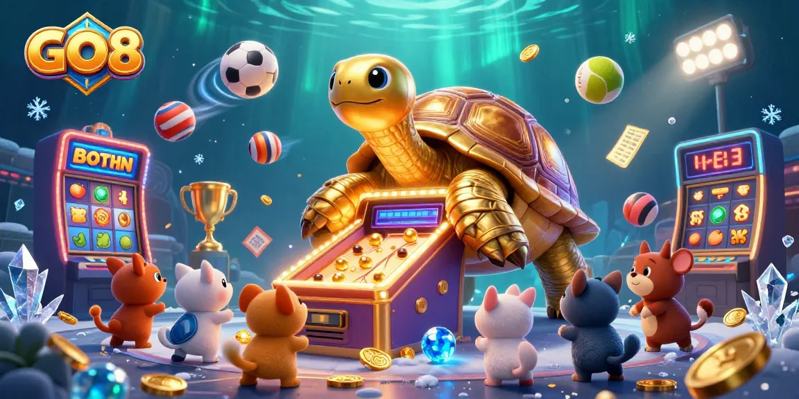 Play exciting slots and sports games at GO8, featuring a vibrant 3D scene with a colossal tortoise pinball.