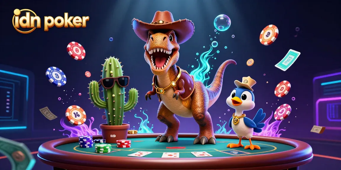 Engage with exciting IDN poker visuals featuring dynamic poker elements and characters, enhancing your gaming experience.