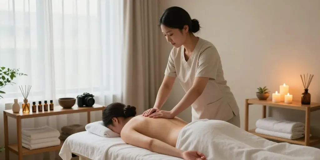 광진구출장마사지 therapy session with soothing ambiance and skilled therapist at work.