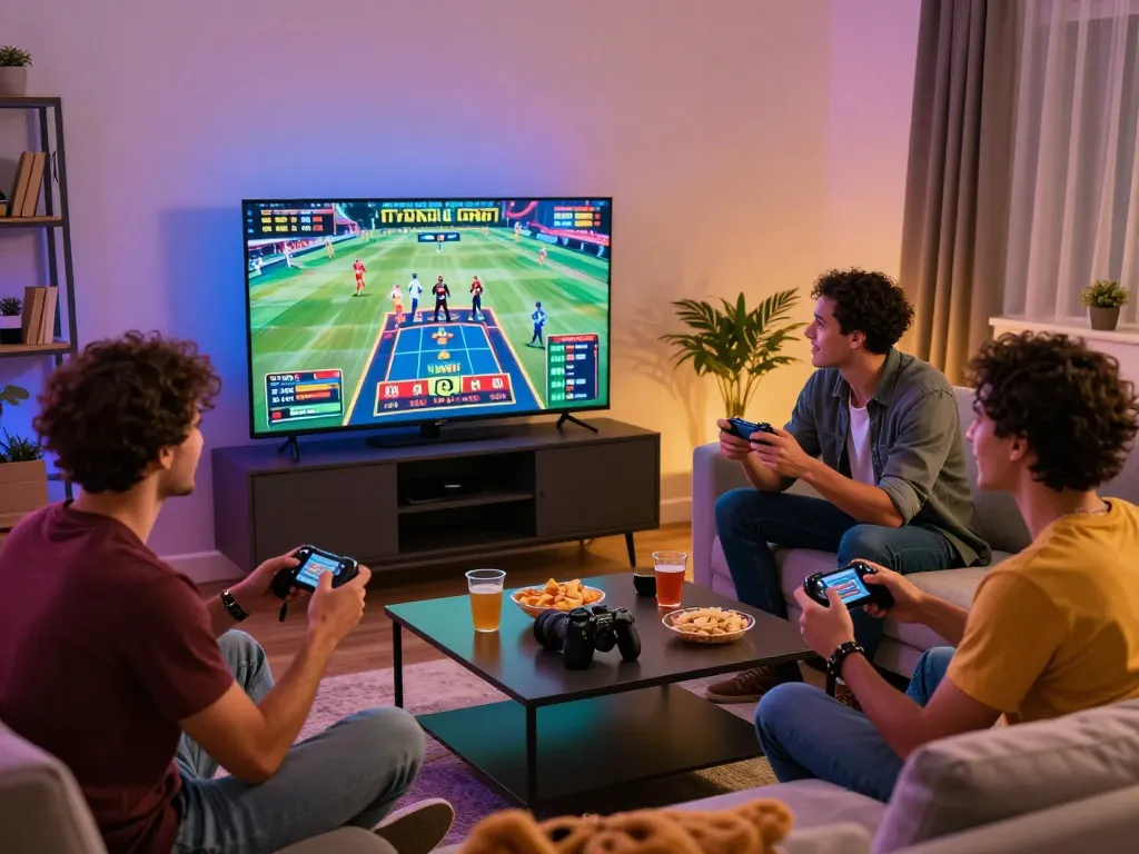 Friends enjoying an exciting 8kbet gaming experience at home with snacks and live sports.