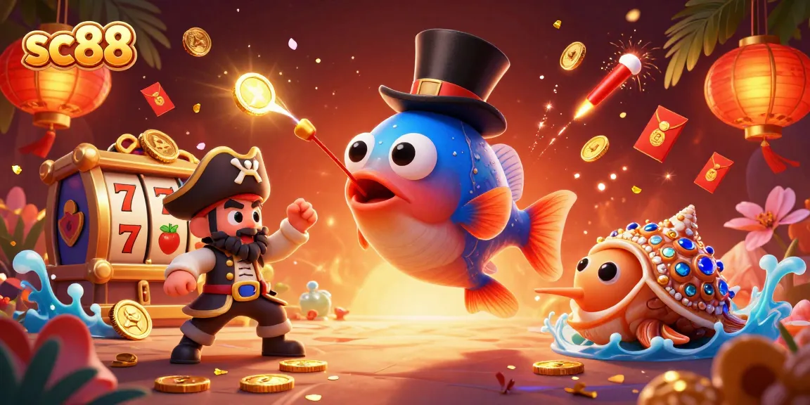 Engage with sc88 as a 3D anglerfish attracts golden coins in a vibrant casino scene