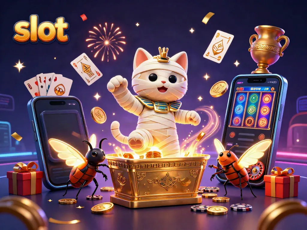 Mengakses slot dengan 3D kartun kucing mumi muncul dari sarkofagus di kasino piramida.