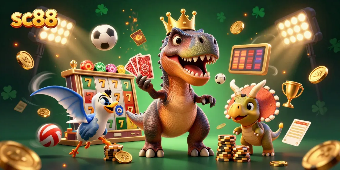 Engage with exciting casino action at sc88 featuring a T-Rex shuffling cards and a baby triceratops stacking chips.