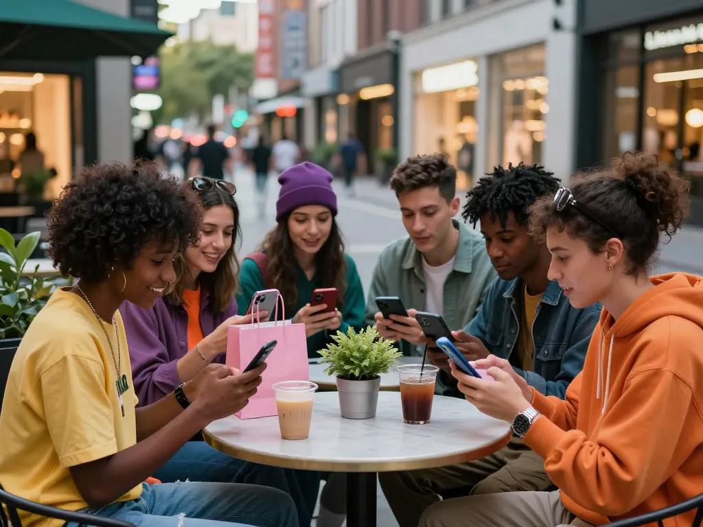 Group of friends at https://hubet88.icu/ cafe, browsing new products and showcasing trendy urban fashion.