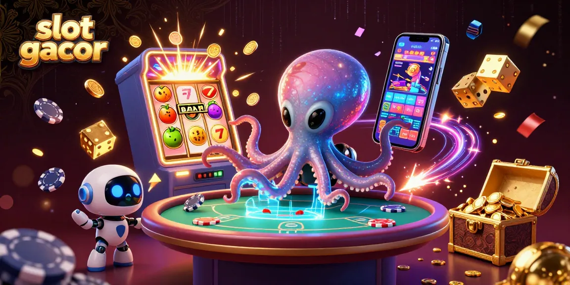 Discover slot gacor strategies with an alien octopus at a holographic casino table, surrounded by dynamic gaming elements.
