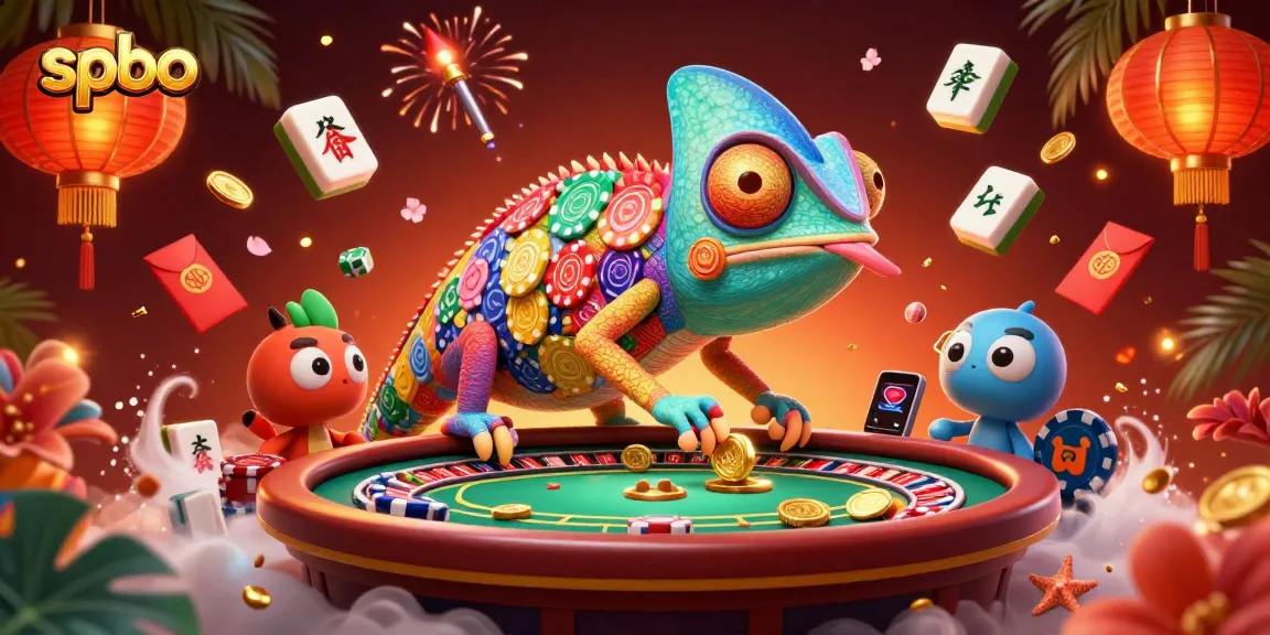 The spbo casino owner chameleon dynamically interacts with gold coins and vibrant gaming elements.