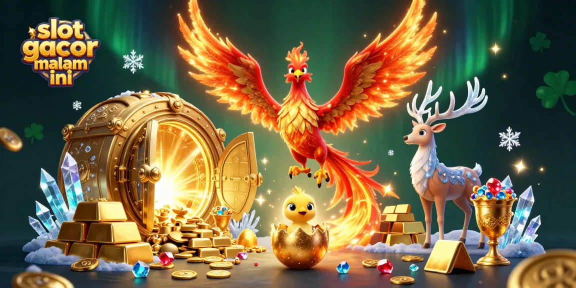 Experience the excitement of slot gacor malam ini with a vibrant 3D phoenix scene filled with treasures and casino elements.