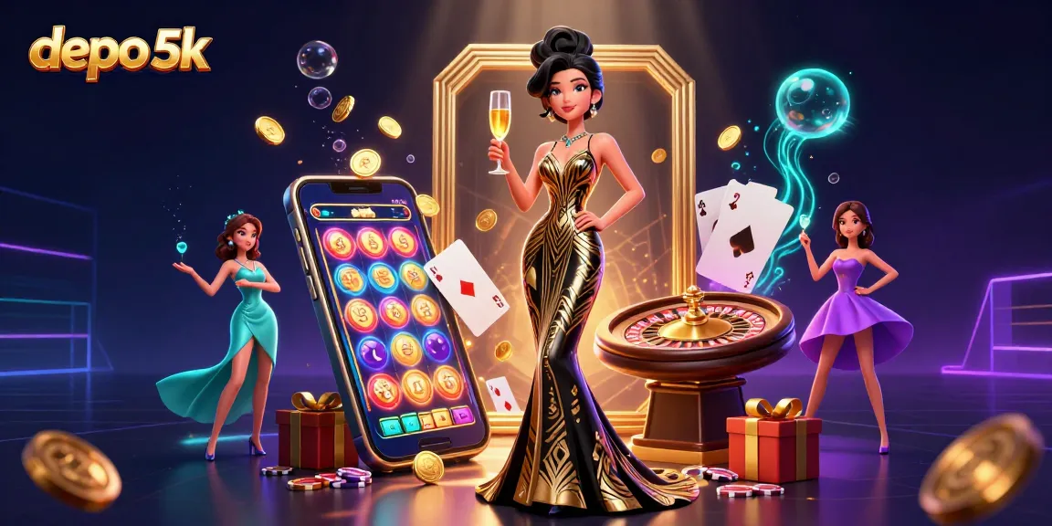 Win at depo 5k with a glamorous casino scene featuring slot games, roulette, and vibrant characters.