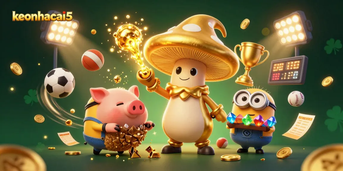 Engage with keonhacai5's vibrant sports betting world through an enchanted golden mushroom wizard scene.