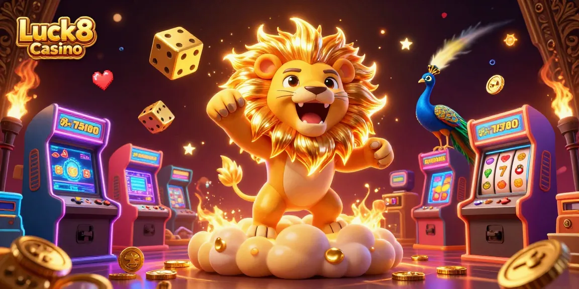 Luck8 Casino features a vibrant 3D illustration with a roaring lion, golden dice, and arcade machines.