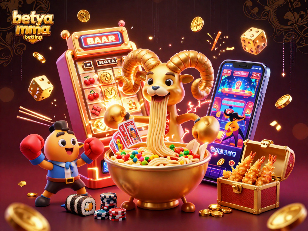 Betya MMA betting scene with a lively ramen bowl dealer, dynamic game elements, and vibrant casino ambiance.