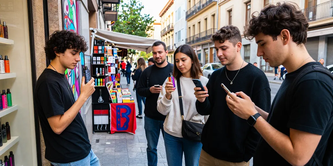 Vibrant street scene showcasing vapes in Spain, with young adults enjoying diverse vape products in an urban setting.
