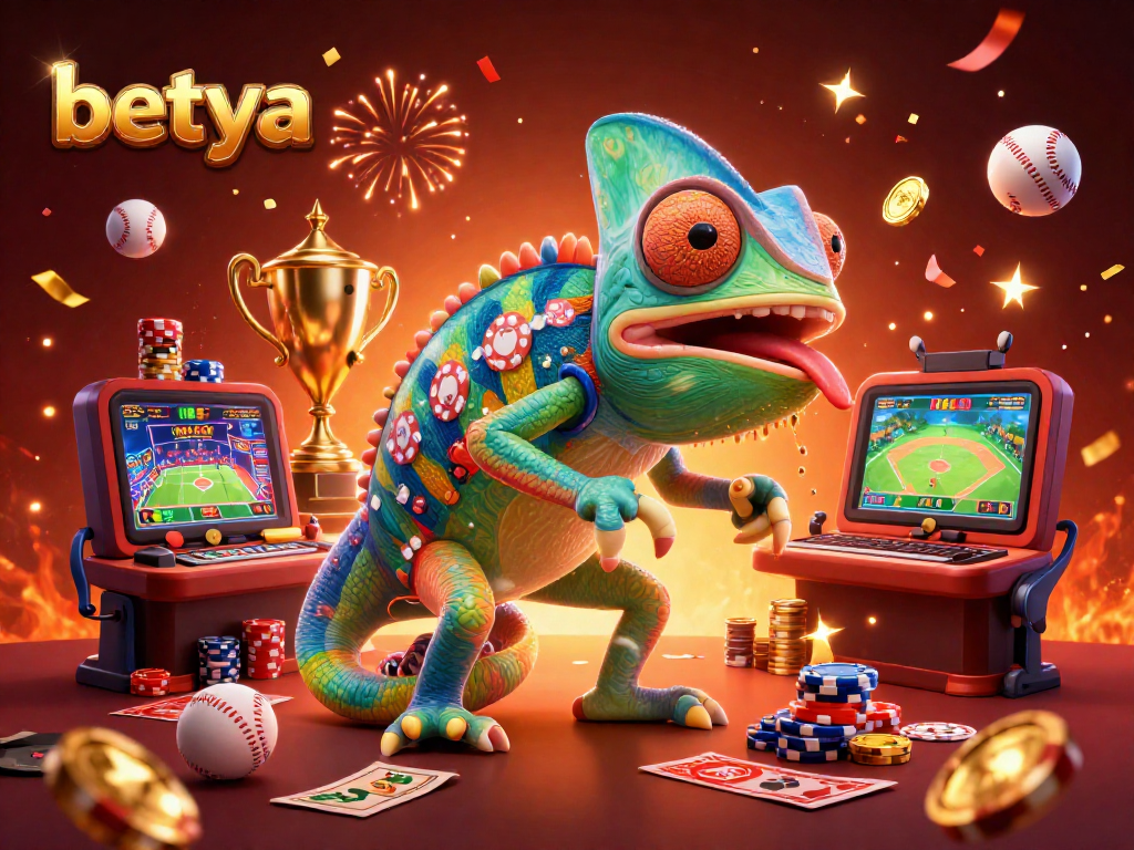 Betya inspires sports bettors with a vibrant chameleon owner and dynamic baseball elements.