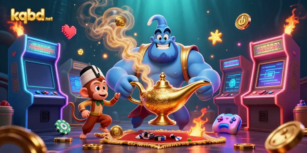 Engage with kqbd net's vibrant casino magic featuring a blue genie, enchanted monkey, and stunning visual elements.