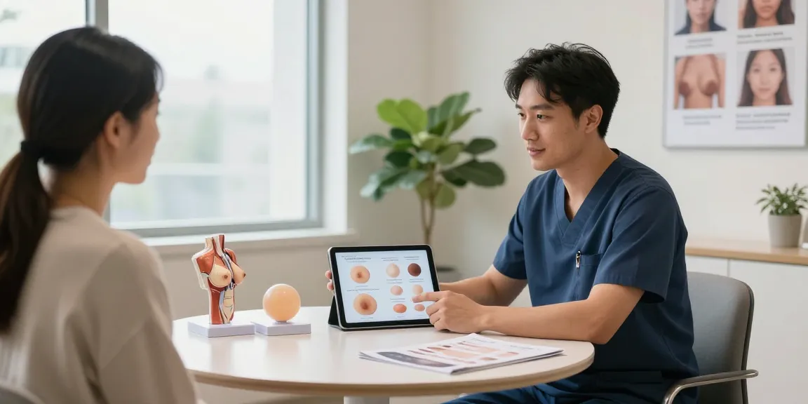 Breast augmentation Toronto consultation showing patient and surgeon discussing implant options in a professional setting.