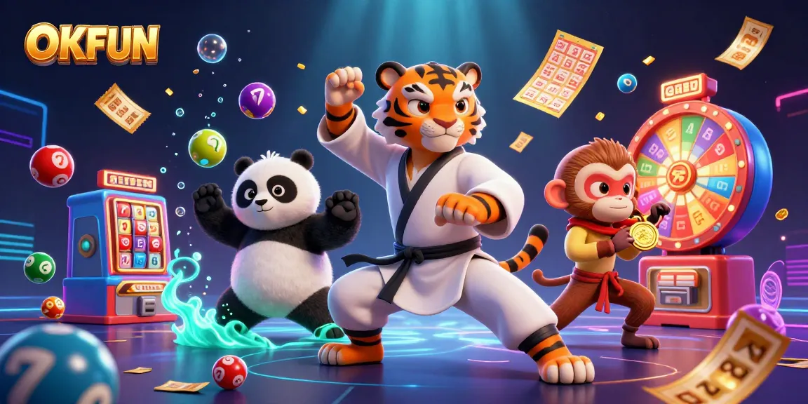 Play vibrant games at OKFUN, featuring a kung fu tiger and a panda amidst colorful lottery elements.