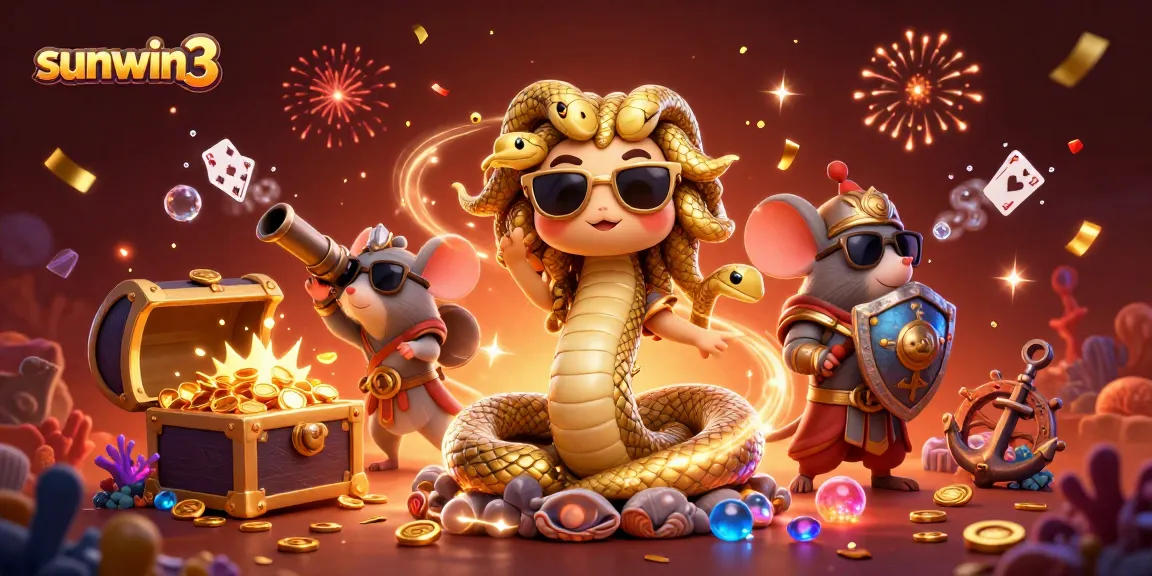 Experience winning strategies at sunwin3 with 3D casino characters amidst gold coins and vibrant gems.