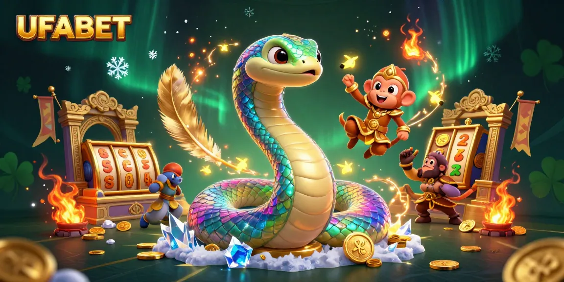 Spin and win at UFABET with a dynamic illustration featuring a rainbow serpent and monkey king amidst a casino adventure.