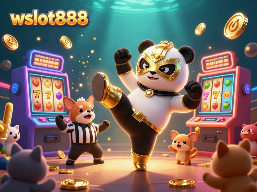 wslot888 hadir dengan karakter panda petarung dan mesin slot ceria, menciptakan suasana kasino yang seru.