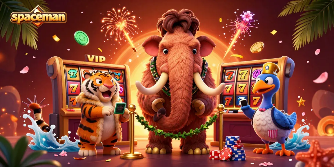Play Spaceman slot games with exciting characters and casino elements in a vibrant illustration.