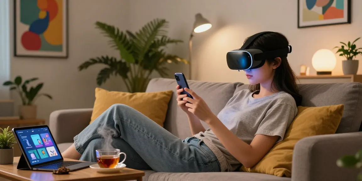 Engaging with a sex bot through augmented reality in a modern, cozy room
