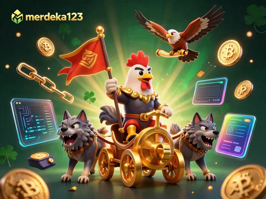 Merdeka123 menyediakan gambar ilustrasi kasino digital yang menarik dengan desain karakter yang unik dan elemen bertema crypto.