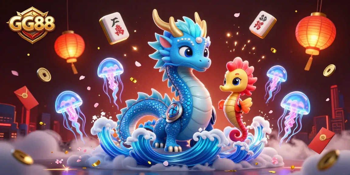 Experience GG88 with a majestic azure water dragon amidst vibrant casino elements and magical jellyfish.